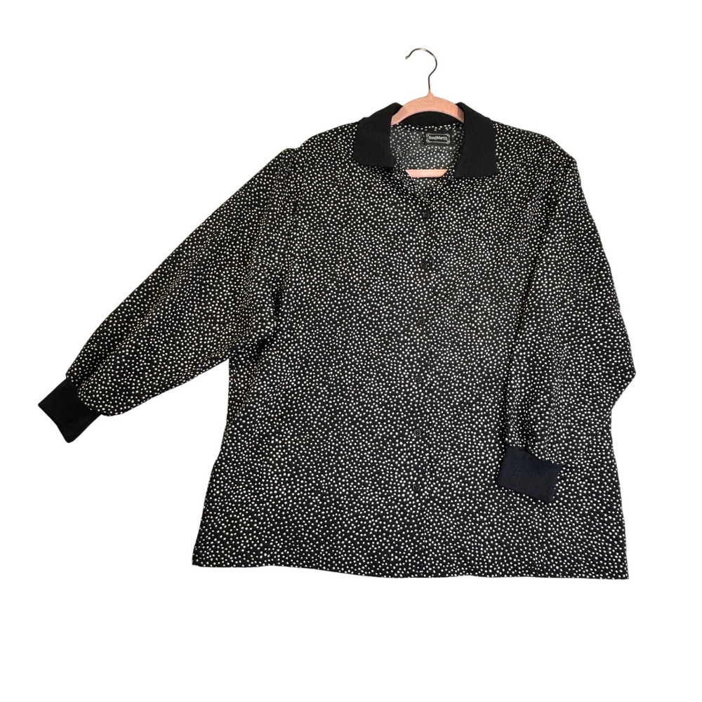 BonWorth Black White Polka Dot Button Front Blouse Knit Collar Cuffs X-Large